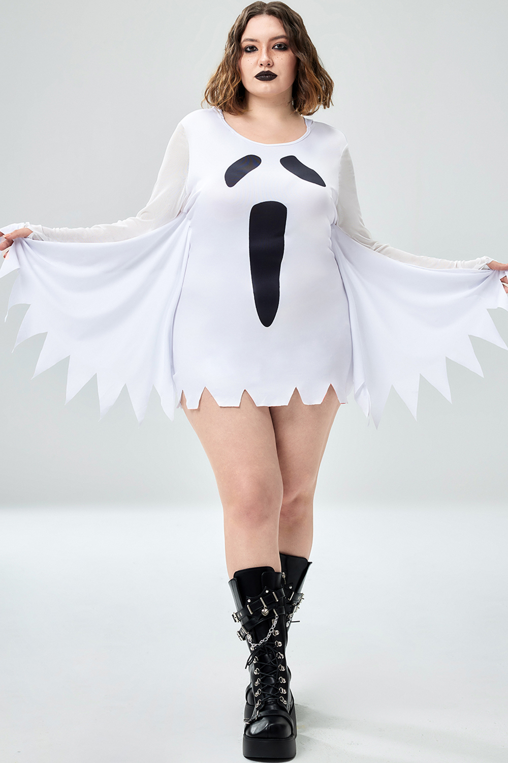 Xpluswear Design Plus Size Casual Halloween Costume White Ghost Knitted Mini Dress [Pre-Order]