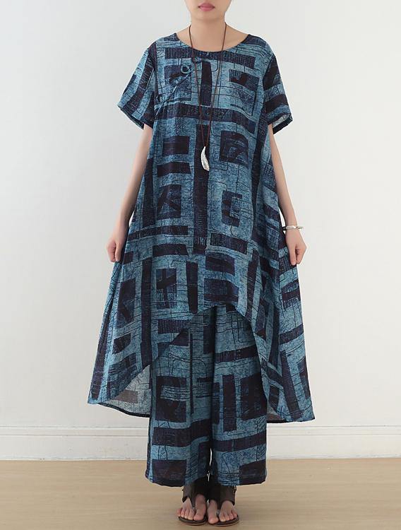 gray prints casual Chiffon two pieces side open tops and elastic waist wide leg pants