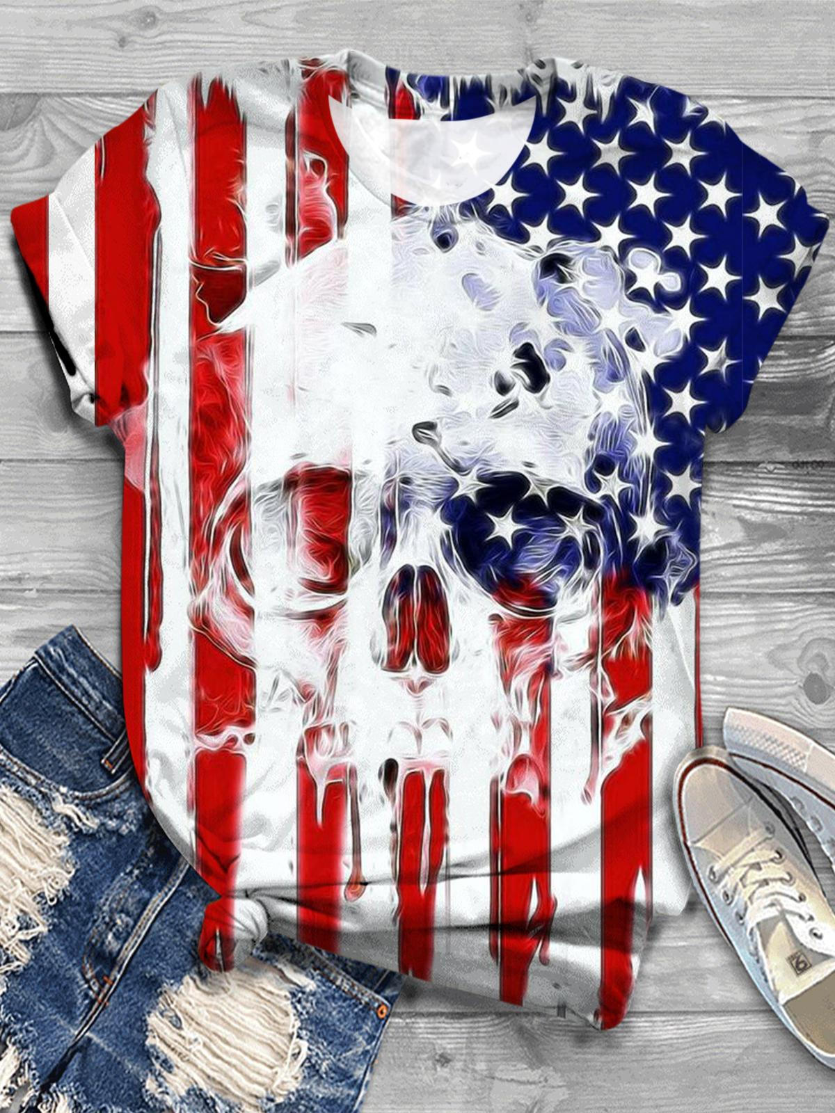 Women's Skull American Flag Print Top