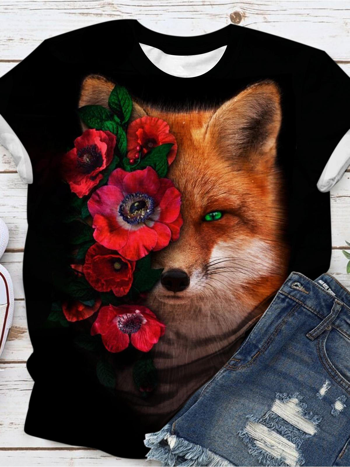Rose Fox Print Casual T-shirt