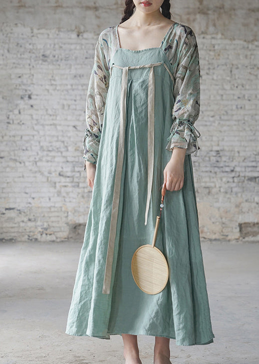 Vintage Light Blue Lace up print Patchwork Linen Long Dresses Long Sleeve