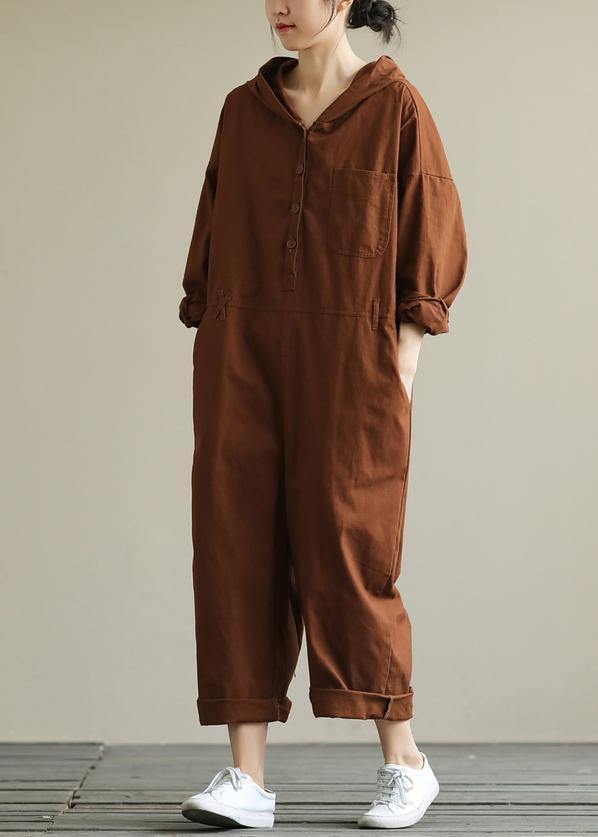 Loose hooded brown all-match long-sleeved ladies nine-point jumpsuit