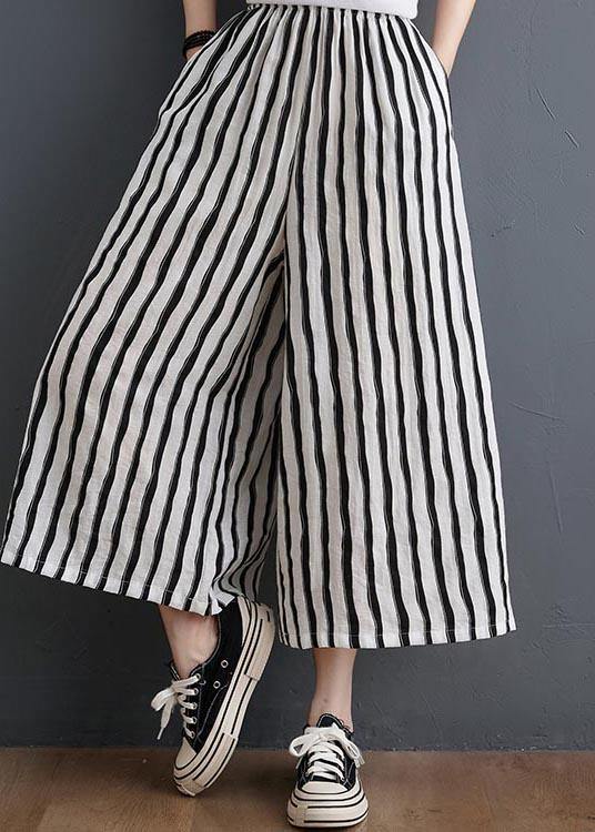 Plus Size Black White Striped Wide Leg Pants Summer Cotton