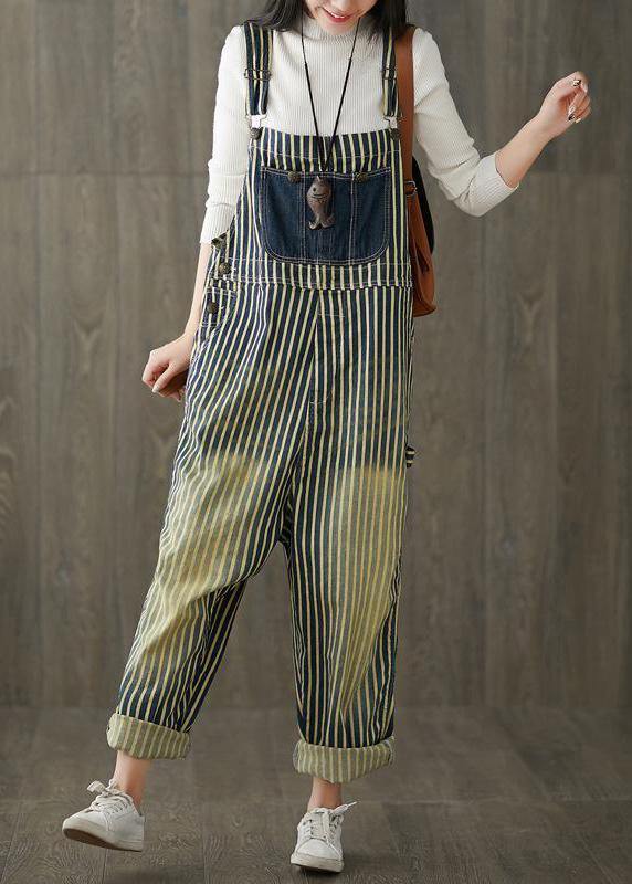 Women Casual Cotton Minimalist Vertical Striped Vintage Full Length Jumpsuits